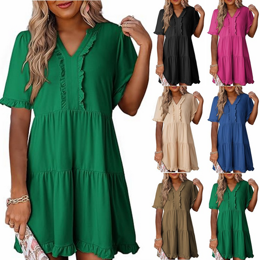 ⏳Begrenzte Zeit 50% Rabatt💥Damen-Stufenkleid mit Rüschenbesatz und V-Ausschnitt👚