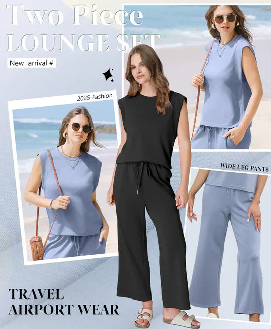 ⏳Begrenzte Zeit 50% Rabatt💥2025 Neue Frauen Casual Cap Sleeve Top Wide Leg Crop Pants Zweiteilige Sets