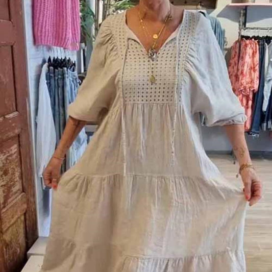 ⏳Begrenzte Zeit 50% Rabatt💥Mehrlagiges, einfarbiges, langes Kleid mit V-Ausschnitt und halben Ärmeln für Damen