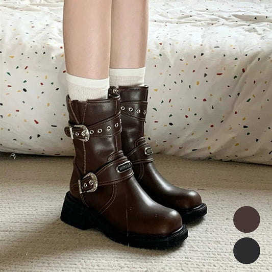 Women's Retro Round Toe Side Zip Mid-Calf Boots