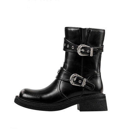 Women's Retro Round Toe Side Zip Mid-Calf Boots