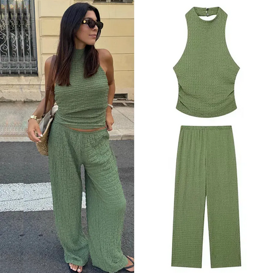⏳Begrenzte Zeit 50% Rabatt💥Damen 2er Set mit sexy rückenfreiem ärmellosem Oberteil und elastischer Taille Lässige Hose mit weitem Bein