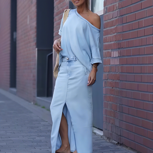 ⏳Begrenzte Zeit 50% Rabatt⏰Damen diagonales Schultertop mit gespaltenem Denim-Maxirock